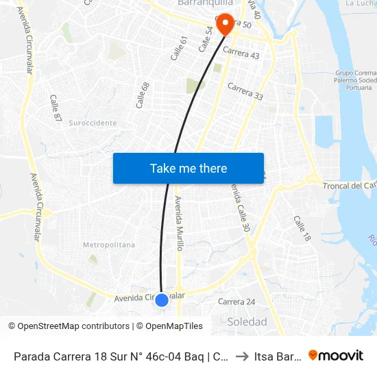 Parada Carrera 18 Sur N° 46c-04 Baq | Carrera 24 Con Calle 69a Soledad to Itsa Barranquilla map