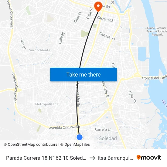 Parada Carrera 18 N° 62-10 Soledad to Itsa Barranquilla map