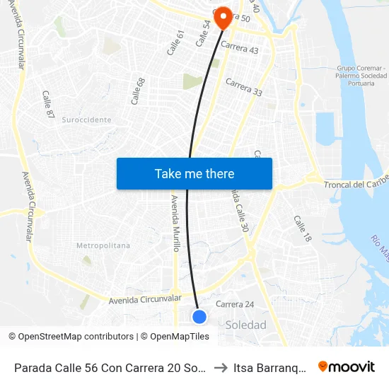 Parada Calle 56 Con Carrera 20 Soledad to Itsa Barranquilla map