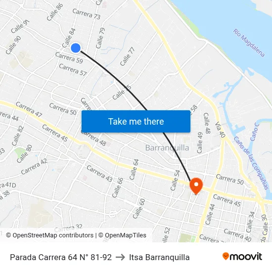 Parada Carrera 64 N° 81-92 to Itsa Barranquilla map