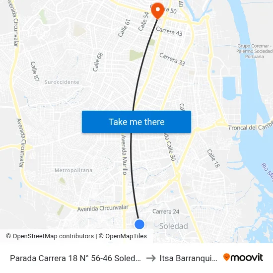 Parada Carrera 18 N° 56-46 Soledad to Itsa Barranquilla map