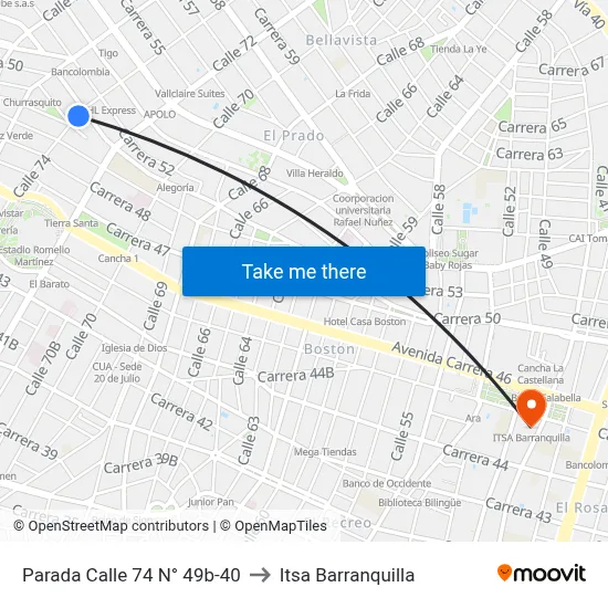 Parada Calle 74 N° 49b-40 to Itsa Barranquilla map
