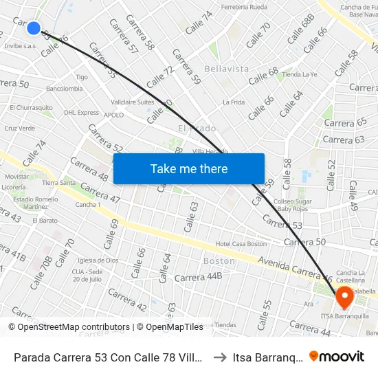 Parada Carrera 53 Con Calle 78 Villa Country to Itsa Barranquilla map