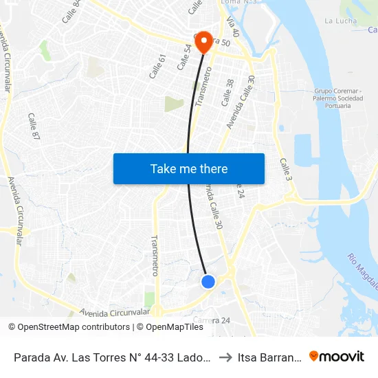 Parada Av. Las Torres N° 44-33 Lado Sur Soledad to Itsa Barranquilla map