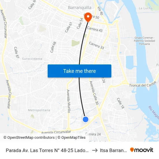 Parada Av. Las Torres N° 48-25 Lado Sur Soledad to Itsa Barranquilla map