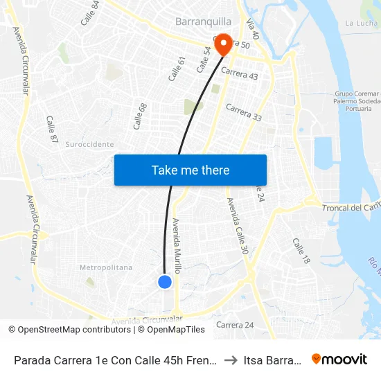 Parada Carrera 1e Con Calle 45h Frente A Bloque 159 to Itsa Barranquilla map
