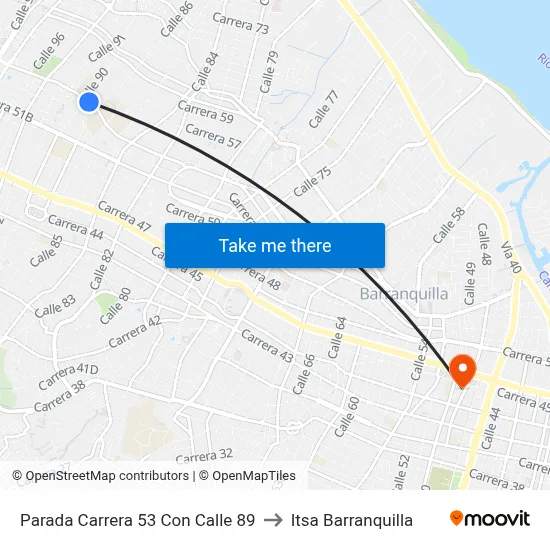 Parada Carrera 53 Con Calle 89 to Itsa Barranquilla map