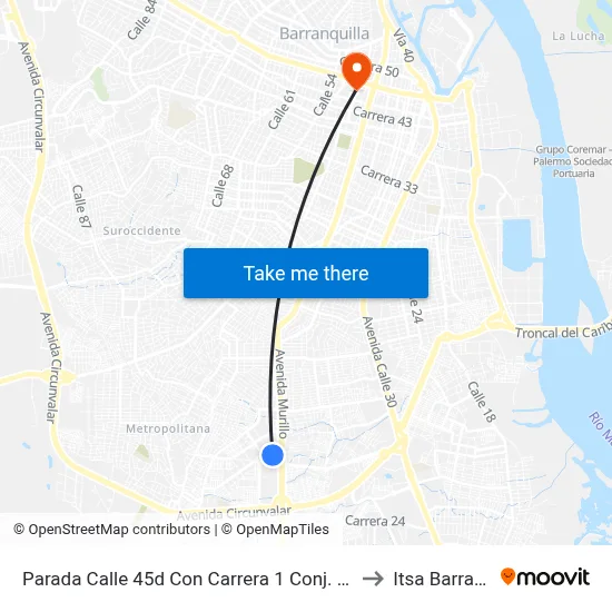 Parada Calle 45d Con Carrera 1 Conj. Res. Metrocentro to Itsa Barranquilla map