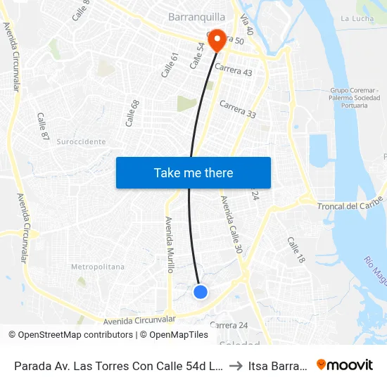 Parada Av. Las Torres Con Calle 54d Lado Sur Soledad to Itsa Barranquilla map