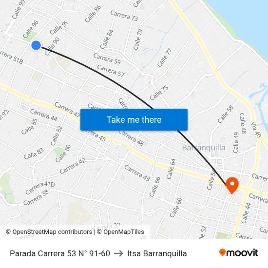 Parada Carrera 53 N° 91-60 to Itsa Barranquilla map