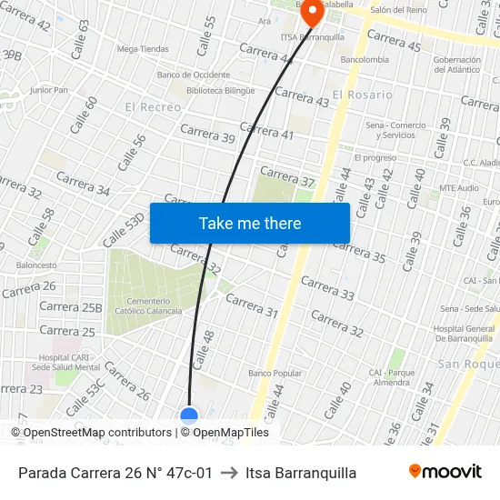 Parada Carrera 26 N° 47c-01 to Itsa Barranquilla map