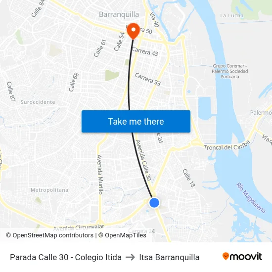 Parada Calle 30 - Colegio Itida to Itsa Barranquilla map
