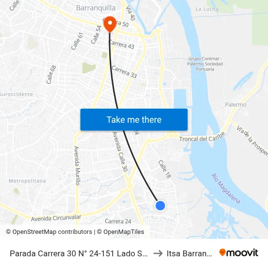 Parada Carrera 30 N° 24-151 Lado Sur Soledad to Itsa Barranquilla map