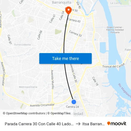 Parada Carrera 30 Con Calle 40 Lado Sur Soledad to Itsa Barranquilla map