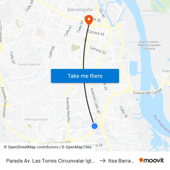 Parada Av. Las Torres Circunvalar Iglesia Lado Norte to Itsa Barranquilla map
