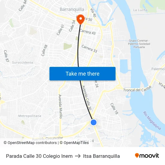 Parada Calle 30 Colegio Inem to Itsa Barranquilla map