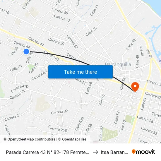 Parada Carrera 43 N° 82-178 Ferreteria Don Kike to Itsa Barranquilla map