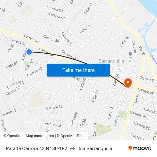 Parada Carrera 43 N° 80-182 to Itsa Barranquilla map