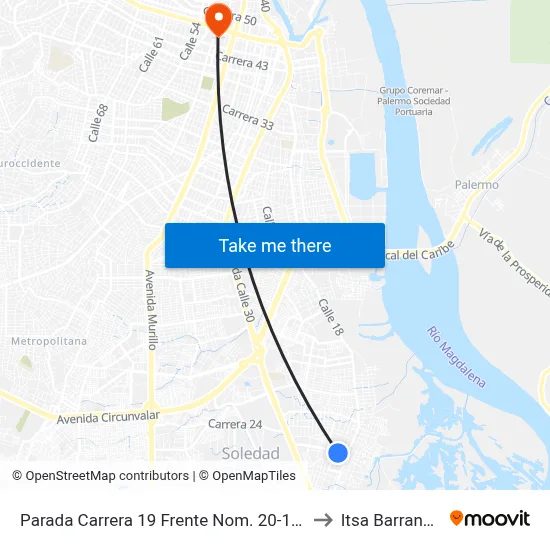 Parada Carrera 19 Frente Nom. 20-19 Soledad to Itsa Barranquilla map