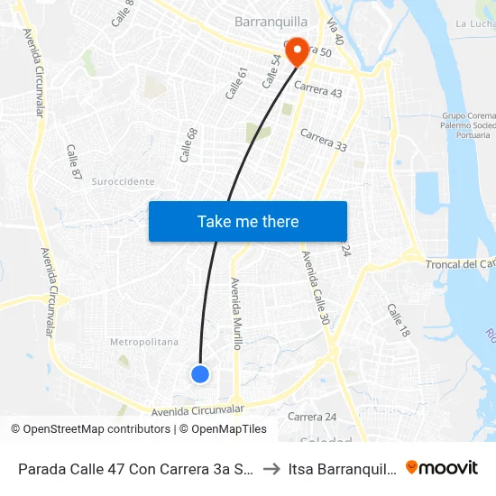 Parada Calle 47 Con Carrera 3a Sur to Itsa Barranquilla map