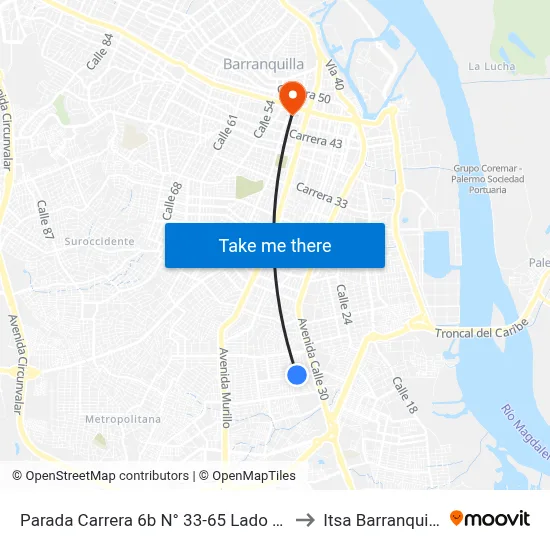 Parada Carrera 6b N° 33-65 Lado Sur to Itsa Barranquilla map