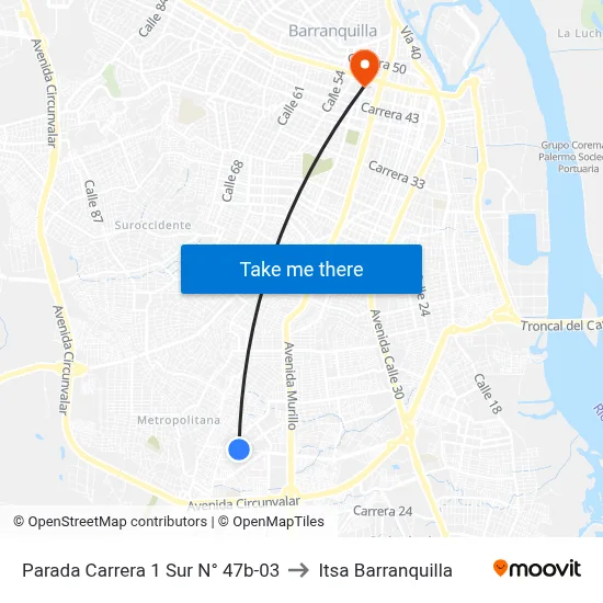 Parada Carrera 1 Sur N° 47b-03 to Itsa Barranquilla map
