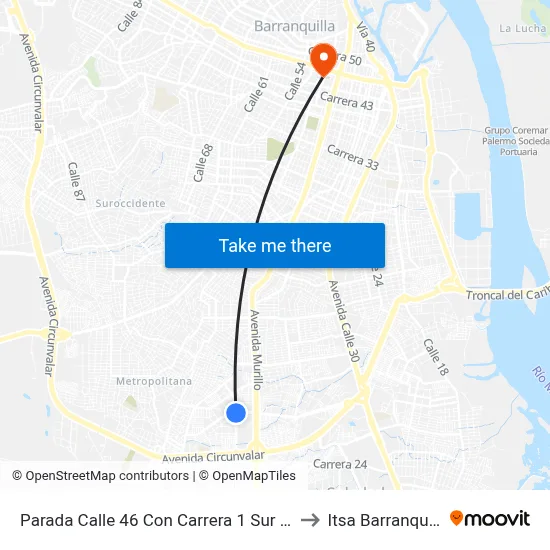 Parada Calle 46 Con Carrera 1 Sur Esq. to Itsa Barranquilla map