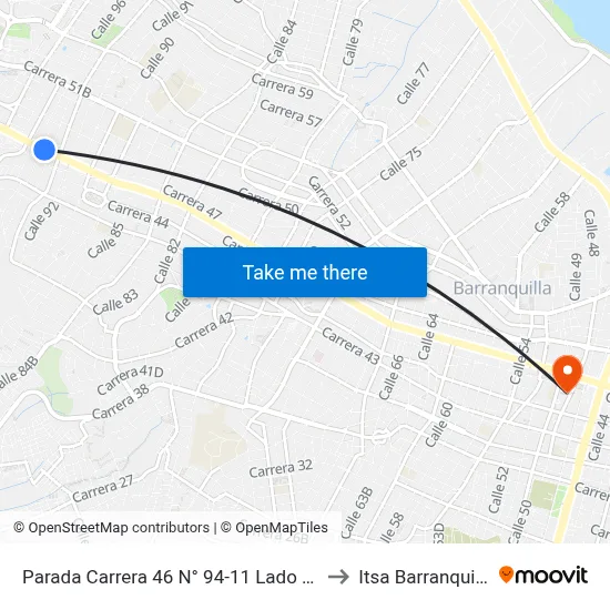 Parada Carrera 46 N° 94-11 Lado Sur to Itsa Barranquilla map