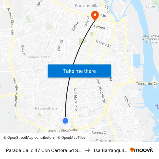 Parada Calle 47 Con Carrera 6d Sur to Itsa Barranquilla map