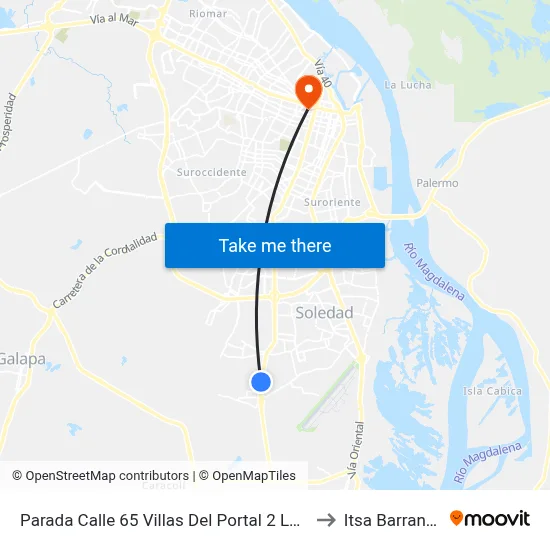 Parada Calle 65 Villas Del Portal 2 Lado Oriental to Itsa Barranquilla map