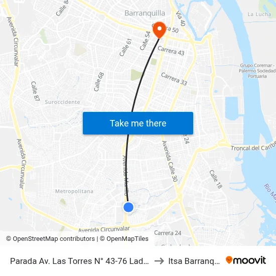 Parada Av. Las Torres N° 43-76 Lado Norte to Itsa Barranquilla map