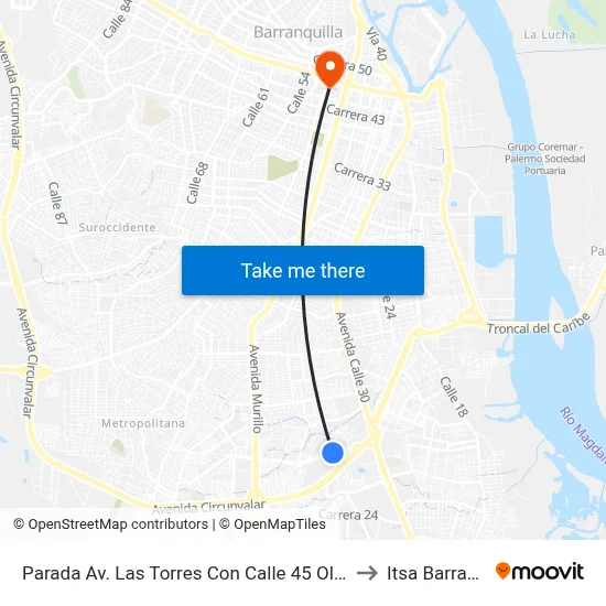 Parada Av. Las Torres Con Calle 45 Olimpica Soledad to Itsa Barranquilla map