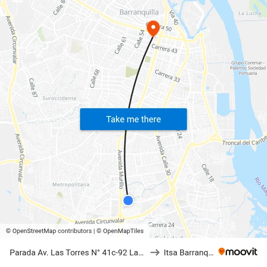 Parada Av. Las Torres N° 41c-92 Lado Norte to Itsa Barranquilla map