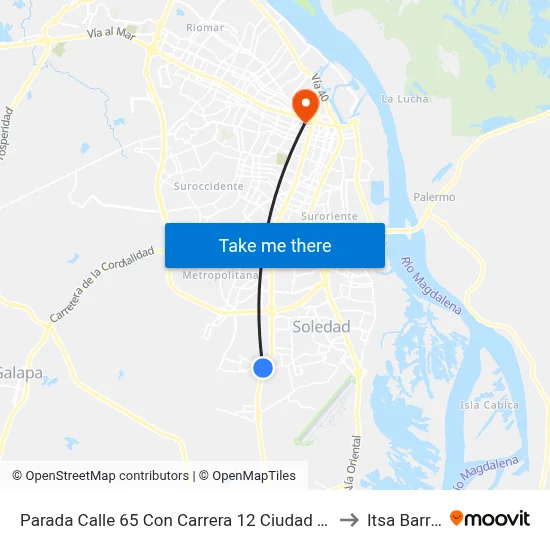 Parada Calle 65 Con Carrera 12 Ciudad Transmetro Lado Occidental to Itsa Barranquilla map
