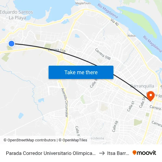 Parada Corredor Universitario Olimpica Ciudad Del Mar Lado Sur to Itsa Barranquilla map