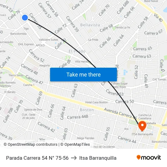 Parada Carrera 54 N° 75-56 to Itsa Barranquilla map