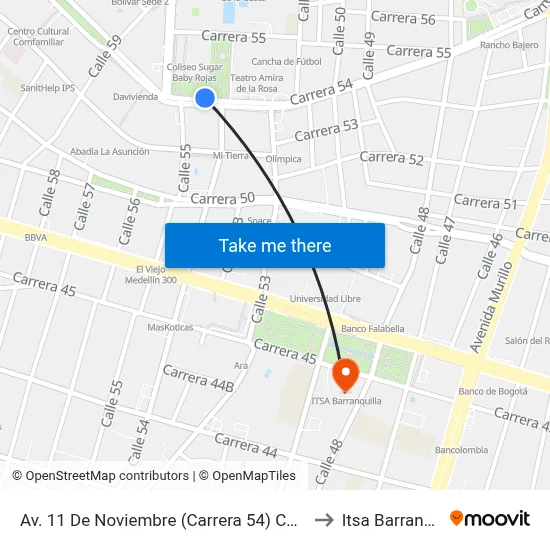 Av. 11 De Noviembre (Carrera 54) Con Calle 52 to Itsa Barranquilla map
