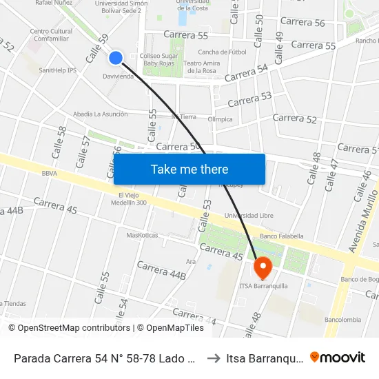 Parada Carrera 54 N° 58-78 Lado Norte to Itsa Barranquilla map