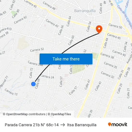 Parada Carrera 21b N° 68c-14 to Itsa Barranquilla map