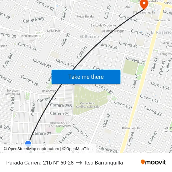Parada Carrera 21b N° 60-28 to Itsa Barranquilla map
