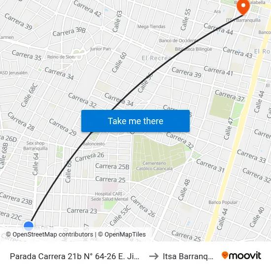 Parada Carrera 21b N° 64-26 E. Jiménez to Itsa Barranquilla map