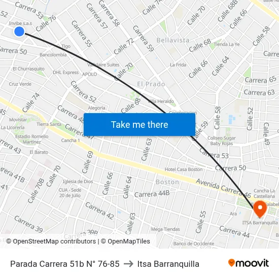 Parada Carrera 51b N° 76-85 to Itsa Barranquilla map