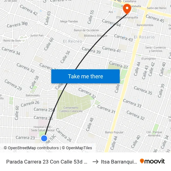 Parada Carrera 23 Con Calle 53d Esq. to Itsa Barranquilla map