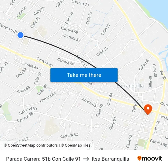 Parada Carrera 51b Con Calle 91 to Itsa Barranquilla map