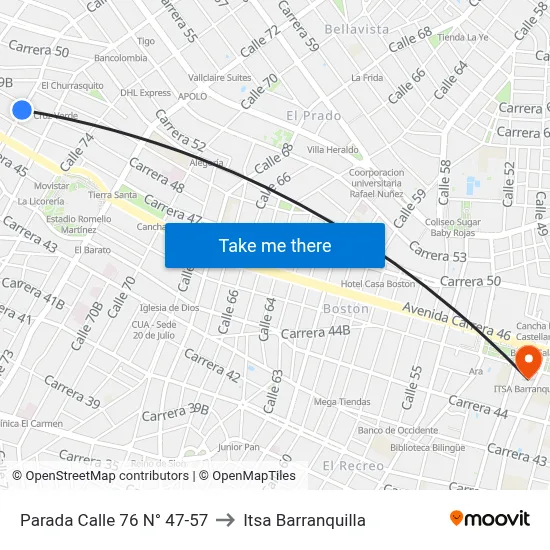 Parada Calle 76 N° 47-57 to Itsa Barranquilla map