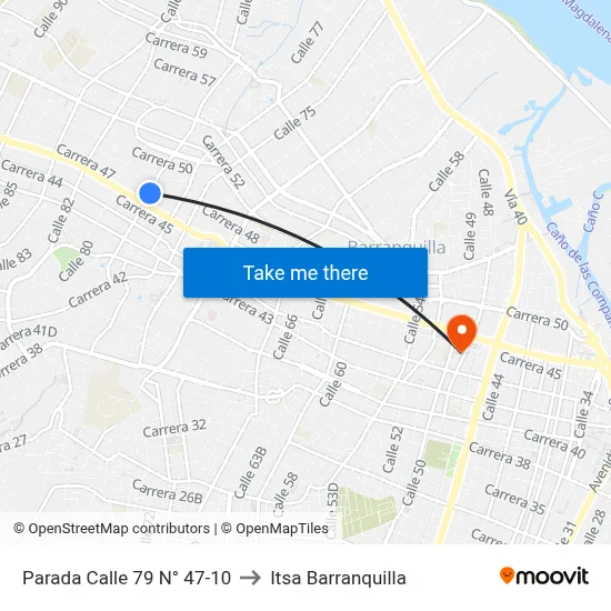 Parada Calle 79 N° 47-10 to Itsa Barranquilla map