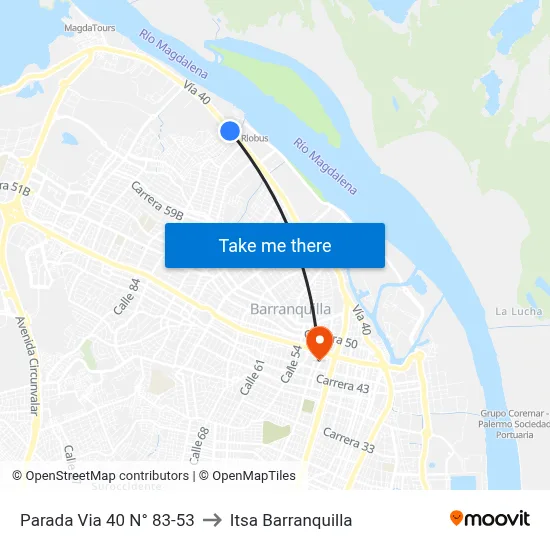 Parada Via 40 N° 83-53 to Itsa Barranquilla map