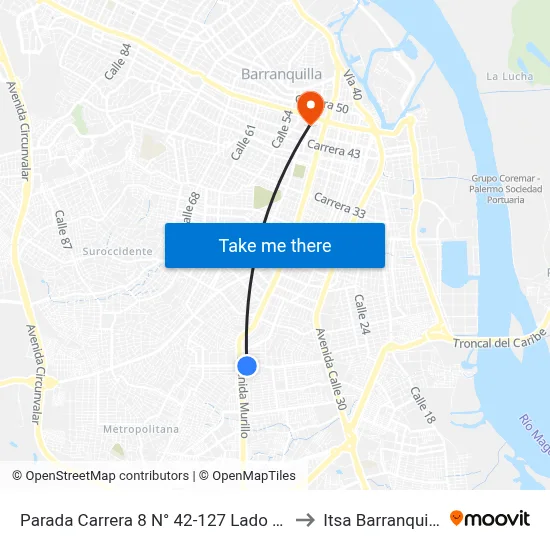 Parada Carrera 8 N° 42-127 Lado Sur to Itsa Barranquilla map
