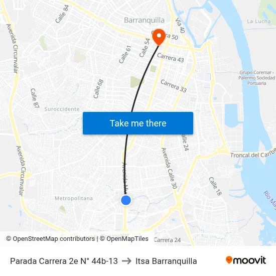 Parada Carrera 2e N° 44b-13 to Itsa Barranquilla map
