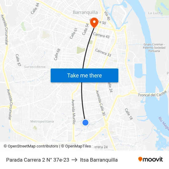 Parada Carrera 2 N° 37e-23 to Itsa Barranquilla map
